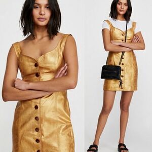 NEW FREE PEOPLE GOLDIE LEATHER MINI DRESS Gold